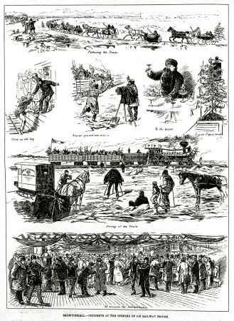 Various aspects of the activities surrounding the launch of the ice railway between Longueuil, Québec, and Hochelaga / Montréal, Québec. Anon., “Montreal – Incidents at the opening of the ice railway bridge.” Canadian Illustrated News, 14 February 1880, 104.