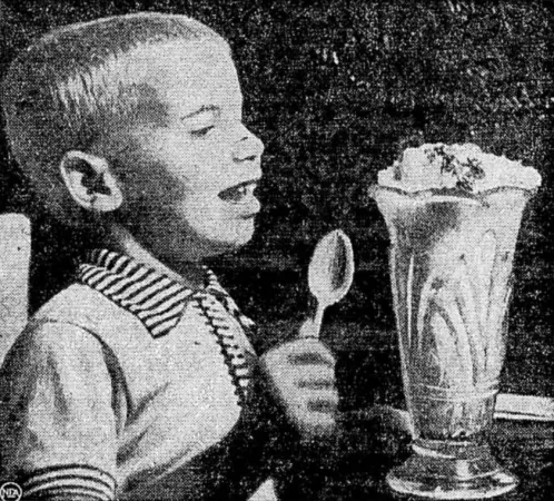 Ahh, ice cream, the cause of and solution to all of life’s problems. I do wonder if this young boy knew he was actually eating mellorine. Anon., “De la crème glacée synthétique.” Photo-Journal, 16 April 1953, 3.