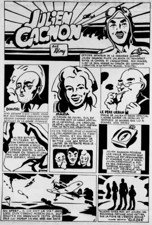 La première planche de la bande dessinée Julien Gagnon. Rémy, « Julien Gagnon » Le Petit Journal, section magazine, 16 mai 1948, 18.