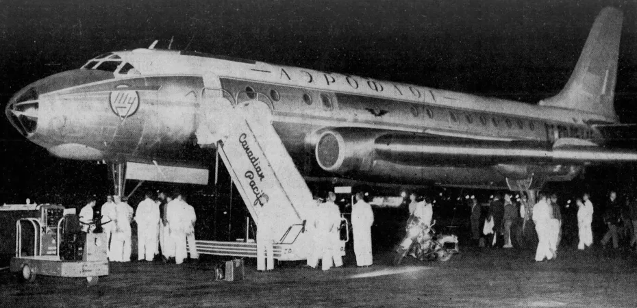 The Tupolev Tu-104 jet-powered airliner operated by Aeroflot which took part in British Columbia’s Centennial air show, held at Vancouver International Airport, Richmond, British Columbia. Anon., “–.” The Sunday Sun, 14 June 1958, 25.