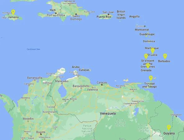 Carte géographique des Caraïbes avec des indicateurs mettant en évidence les pays suivants : Jamaïque, Barbade, Grenade, Guyane, Saint-Vincent-et-les-Grenadines, Sainte-Lucie et Trinité-et-Tobago.