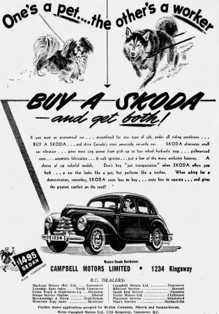 Publicité de Campbell Motors Limited de Vancouver, Colombie-Britannique, vantant les mérites de l’automobile AZNP Škoda 1101 ou 1102. Anon., « Campbell Motors Limited. » The Vancouver Sun, 10 juin 1950, 11.