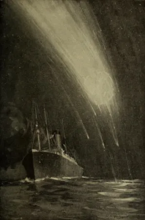 An artist’s view of the aerolite which nearly hit the British passenger-cargo ship SS Cambrian, operated by Wilsons & Furness-Leyland Line Limited, North Atlantic, August 1907. D.H. Vittery, “More Queer Fixes, XII – A Meeting with a Meteor.” The Wide World Magazine, May 1908, 5.
