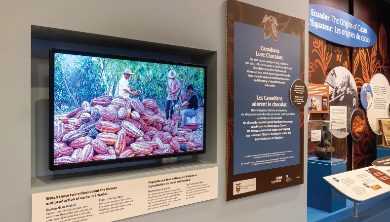 Vue d'un écran de télévision et d'un panneau à côté de l'exposition du musée.