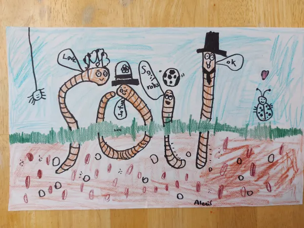 Un dessin d’enfant coloré présentant quatre joyeux vers de terre sortant de la terre. Leurs corps sont dessinés pour former le mot « soil » (sol). 