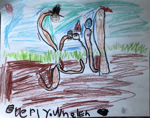 A children's coloured drawing of four earthworm characters coming of the dirt. Their bodies are drawn so they form the word soil.