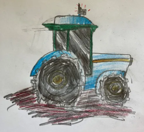 A children's coloured drawing of a tractor.