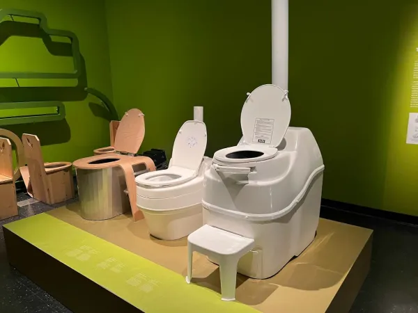 An exhibit with various examples and sizes of toilets