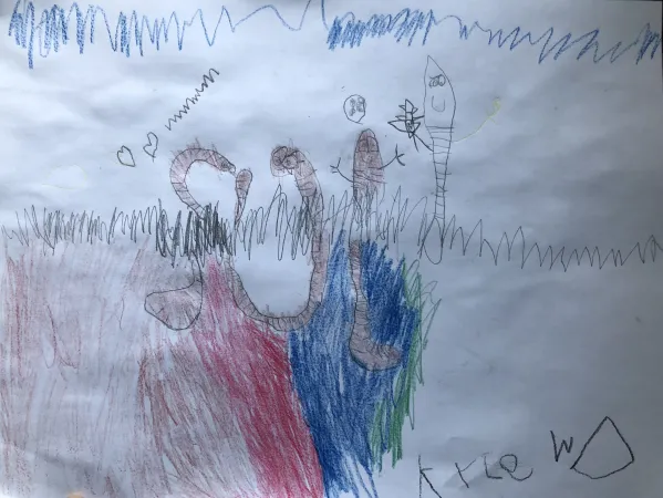 A children's coloured drawing of four earthworm characters coming of the dirt. Their bodies are drawn so they form the word soil.