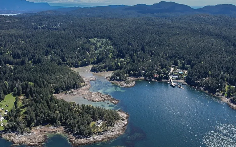 An aerial view shows the shoreline of Xwe’etay, also known as Lasqueti Island, in British Columbia.