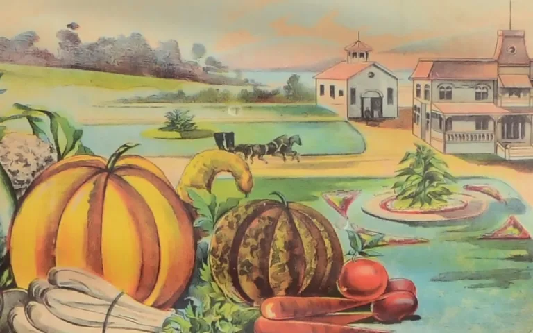 An artist's rendering depicts a tranquil scene with vegetables in the foreground, and a large house and grassy estate in the background.