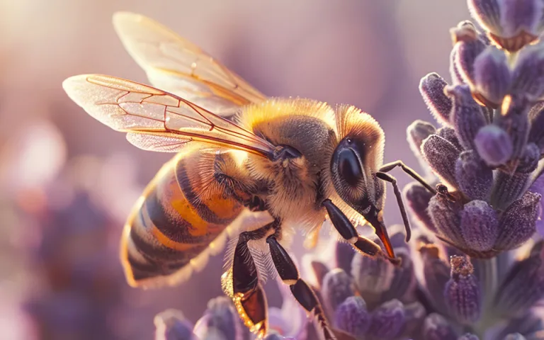 Gros plan d'une abeille assise sur une tige de lilas.