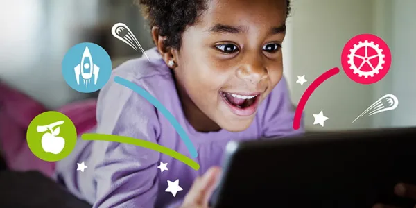 A child playing with a tablet, with icons popping out of the screen
