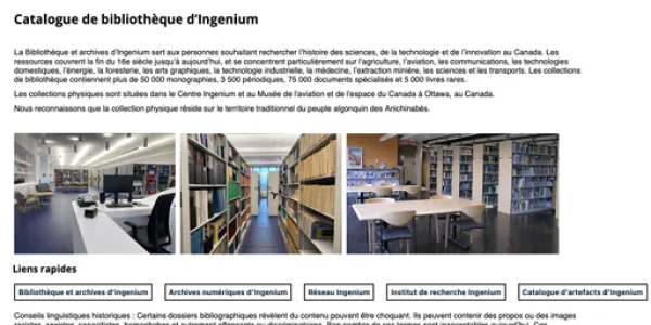 Photo du site web du Catalogue de bibliotèque d'Ingenium