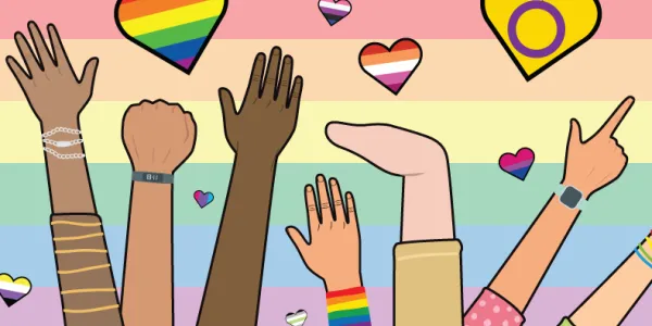 Une image représentant des bras de différentes races ethniques et un bras en situation de handicap. Il y a de nombreux cœurs de couleurs et de tailles différentes, exprimant la diversité et l'inclusion.