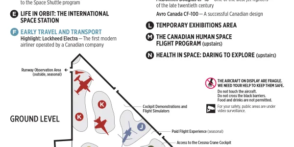Visitor guide for the Canada Aviation and Space Museum. Aircraft are grouped by colour, into thematic islands which relate to their time period and function.