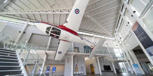 Canada Aviation and Space Museum's Lobby with a suspended aircraft.