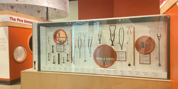 Stethoscopes displayed in the permanentMedical Sensations exhibition at the Canada Science and Technology Museum.