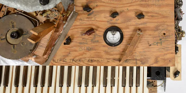 An overhead view of the keys and main controls of the Electronic Sackbut synthesizer, set against a white background
