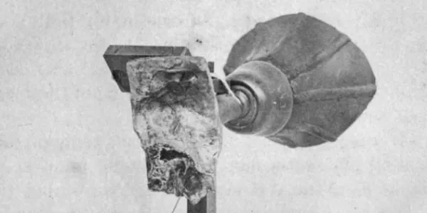 Photo recadrée du phonautographe à oreille de 1874 montrant l’embouchure et les parties d’oreille.