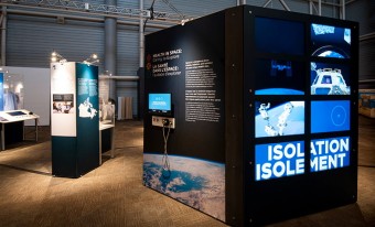 Image of text and video panels from the Health in Space: Daring to Explore travelling exhibition.