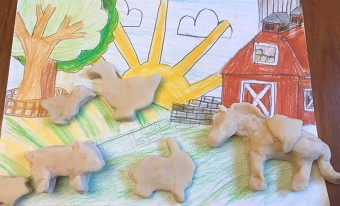 A variety of playdough animal shapes are placed on a cheerful and colourful hand-drawn farm scene.