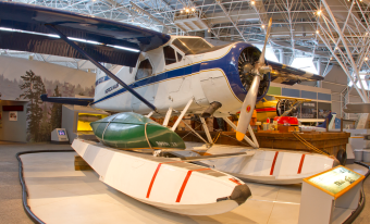 A blue and white float plane in the museum's Bush Plane exhibition. 