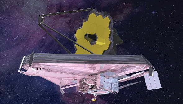 Artist's rendition of the James Webb Space Telescope, with shields fully deployed in deep space.