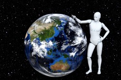 A white humanoid robot stands with their arm resting on the Earth