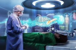 A surgeon stands watch over a patient being operated on by a robot. Holograms glow in the background