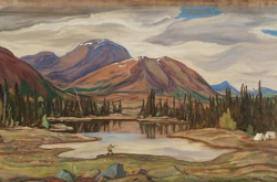 A painting depicts a lake, with trees and mountains in the background.