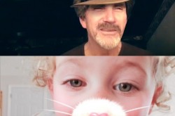 A split screen shot from a Facebook Messenger video chat showing a 60-year-old man with a digital hat and a toddler with a digital cat nose and whiskers.