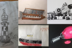 A collage of drawings and paintings for the Artistic Artifact competition. From left, clockwise: a drawing of a lighthouse, a drawing of a synthesizer, a drawing of a jet and ground crew, a drawing of a mercury light bulb, a drawing of a ship.