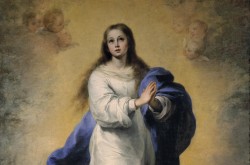Une peinture religieuse de la Vierge Marie, entourée d'anges.