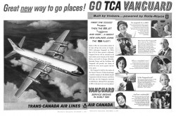 Une publicité annonçant la mise en service de l’avion de ligne court et moyen-courriers Vickers Vanguard des Lignes aériennes Trans-Canada. Anon., « Publicité – Trans-Canada Air Lines. » Maclean’s, 3 décembre 1960, 8-9.