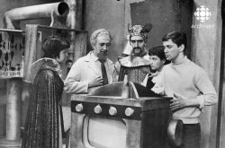 Some actresses and actors who contributed to the success of the Québec science fiction television series Opération-Mystère, 1958. From left to right, Luce Guilbeault, Marcel Cabay, Georges Groulx, Louise Marleau and Hervé Brousseau. Société Radio-Canada.