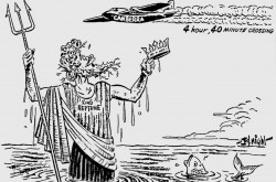 Editorial cartoon showing King Neptune offering his crown to the crew of the English Electric Canberra which crossed the Atlantic Ocean in February 1951. Charles R. Knight, “Ready to Abdicate.” The Windsor Daily Star, 22 February 1951, 4.