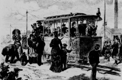 The very first electric streetcar operated by Telegraphen-Bau-Anstalt von Siemens & Halske, Berlin, German Empire. Anon., “The first electric railway in Berlin.” Canadian Illustrated News, 9 July 1881, 21.