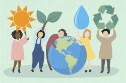Illustration d’un groupe d’enfants multiethniques brandissant un soleil, une pousse de plante, une goutte de pluie et un symbole de recyclage. Au centre, un enfant serre la planète Terre dans ses bras.