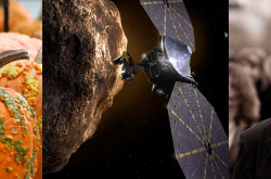 A composite image of several orange pumpkins, a spacecraft next to a rocky body, and a zombie