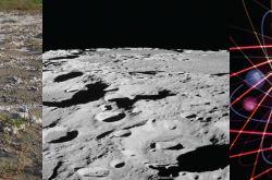 A three-part, spliced image of a parched and cracked area of soil, an atom encircled with electrons, and the surface of the Moon.