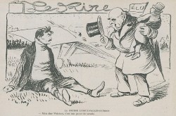 Cartoon of Senator Henri Charles Étienne Dujardin-Beaumetz messing with “Jules” Védrines, the defeated candidate in the Limoux, France, by-election of March 1912. Anon., “La course Limoux-Palais-Bourbon.” Le Rire, 30 March 1912, no page number.