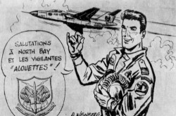 Dan Cooper, as drawn by Belgian “bande dessinée” author Albert Weinberg during his visit to North Bay, Ontario, in May-June 1966. Anon., “Originator of RCAF cartoon hero visits defence bases at North Bay.” The North Bay Nugget, 3 June 1966, 1.