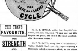 Une publicité typique de Bamboo Cycle Company Limited de Londres, Angleterre. Anon., « Bamboo Cycle Company Limited. » The Graphic, 31 juillet 1897, 179.