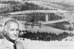 Robert William Bradford, Associate Director of the National Aviation Museum, in front of a reproduction of one of his works. Robert Sibley, “Canada’s romance with airplane got off the ground 80 years ago today.” The Ottawa Citizen, 23 February 1989, 3.